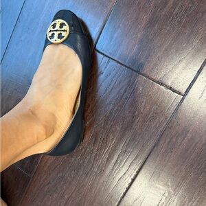 Tory Burch Navy Leather Logo Ballet Flat with Gold Emblem